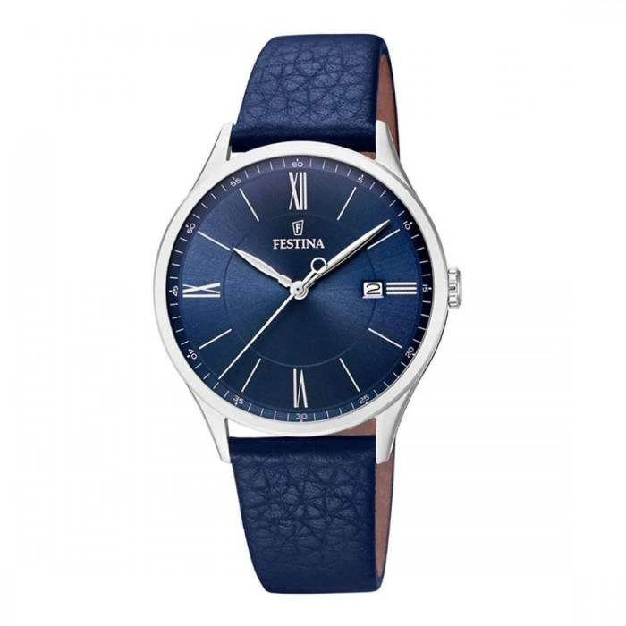 Мъжки ръчен часовник с кварцов механизъм - корпус от Стомана - Естествена кожа - цвят Син Син