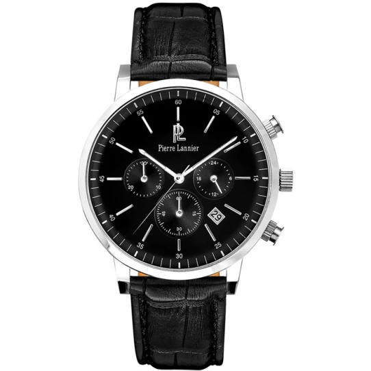 Мъжки ръчен часовник с кварцов механизъм - корпус от Стомана - Естествена кожа - цвят Черен Черен