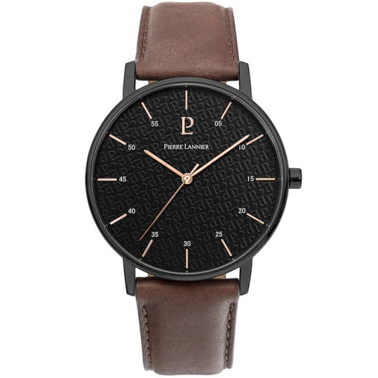 Мъжки ръчен часовник с кварцов механизъм - корпус от Стомана - Естествена кожа - цвят Черен Кафяв