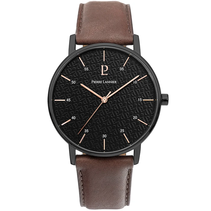 Мъжки ръчен часовник с кварцов механизъм - корпус от Стомана - Естествена кожа - цвят Черен Кафяв