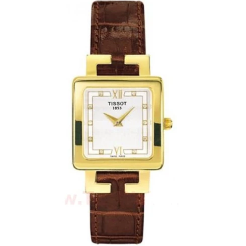 Дамски ръчен часовник с кварцов механизъм - корпус от Жълто злато 18К - Естествена кожа - цвят Сребрист Кафяв