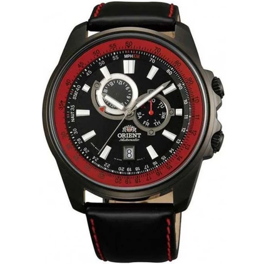 Мъжки ръчен часовник с автоматичен механизъм - корпус от Стомана - Естествена кожа - цвят Черен Червен