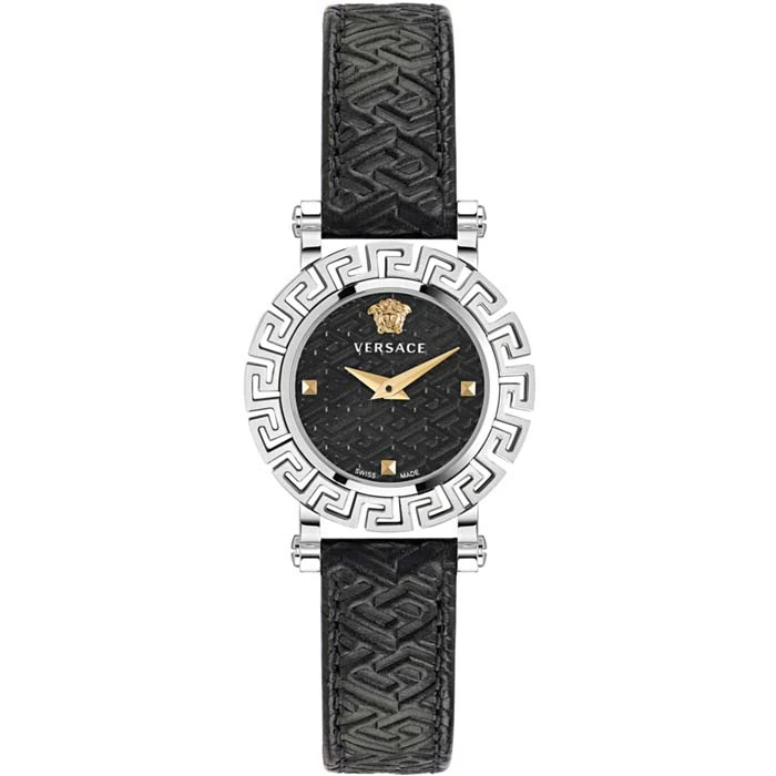 Дамски ръчен часовник с кварцов механизъм - корпус от Стомана - Естествена кожа - цвят Черен Черен