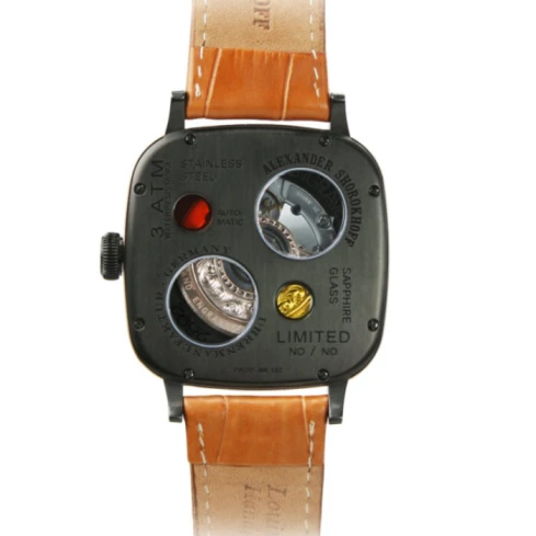 Мъжки ръчен часовник с автоматичен механизъм - корпус от Стомана - Естествена кожа - цвят Черен Кафяв