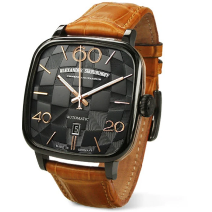 Мъжки ръчен часовник с автоматичен механизъм - корпус от Стомана - Естествена кожа - цвят Черен Кафяв