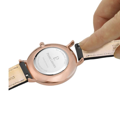 Дамски ръчен часовник с кварцов механизъм - корпус от Стомана - Естествена кожа - цвят Черен Черен