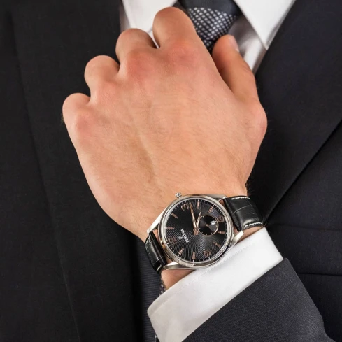 Мъжки ръчен часовник с кварцов механизъм - корпус от Стомана - Естествена кожа - цвят Черен Черен