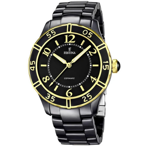 Дамски ръчен часовник с кварцов механизъм - корпус от Стомана и керамика - Стоманена верижка - цвят Черен Черен