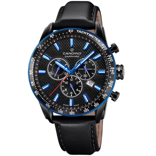 Мъжки ръчен часовник с кварцов механизъм - корпус от Стомана - Естествена кожа - цвят Черен Син