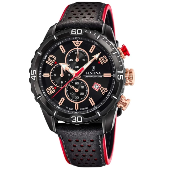 Мъжки ръчен часовник с кварцов механизъм - корпус от Стомана - Естествена кожа - цвят Черен Червен