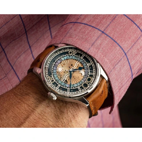 Мъжки ръчен часовник с механичен механизъм - корпус от Стомана - Естествена кожа - цвят Син Кафяв