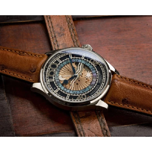Мъжки ръчен часовник с механичен механизъм - корпус от Стомана - Естествена кожа - цвят Син Кафяв