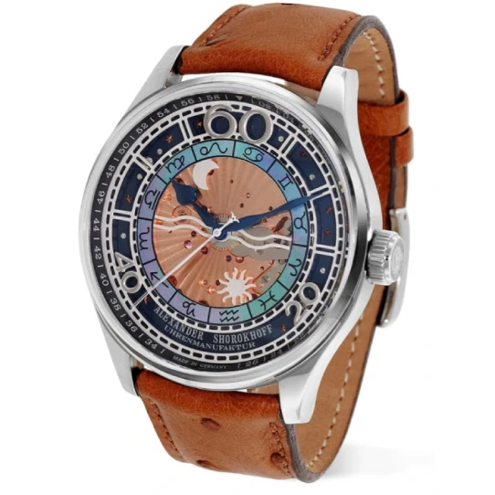 Мъжки ръчен часовник с механичен механизъм - корпус от Стомана - Естествена кожа - цвят Син Кафяв