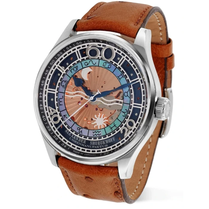 Мъжки ръчен часовник с механичен механизъм - корпус от Стомана - Естествена кожа - цвят Син Кафяв