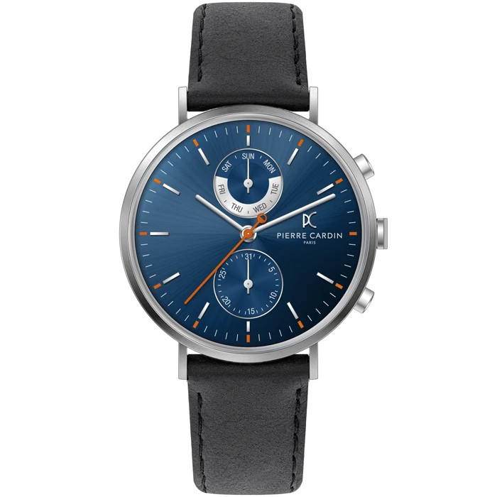 Мъжки ръчен часовник с кварцов механизъм - корпус от Стомана - Естествена кожа - цвят Син Черен