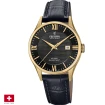Мъжки ръчен часовник с кварцов механизъм - корпус от Стомана и злато 18К - Естествена кожа - цвят Черен