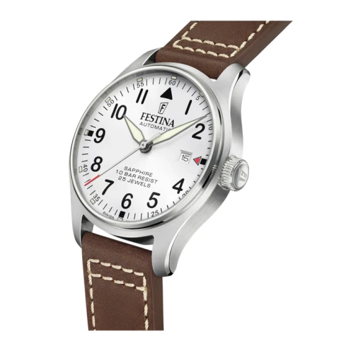 Мъжки ръчен часовник с автоматичен механизъм - корпус от Стомана - Естествена кожа - цвят Бял Бял