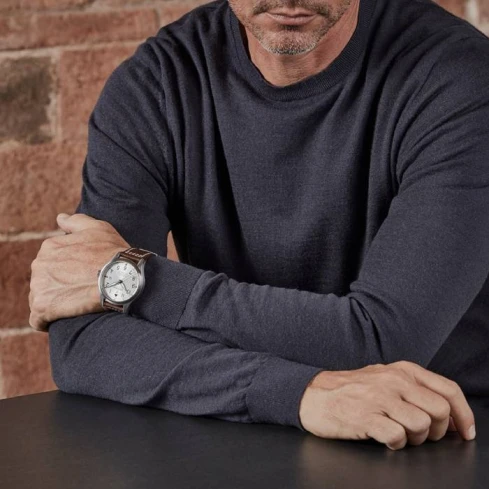 Мъжки ръчен часовник с автоматичен механизъм - корпус от Стомана - Естествена кожа - цвят Бял Бял