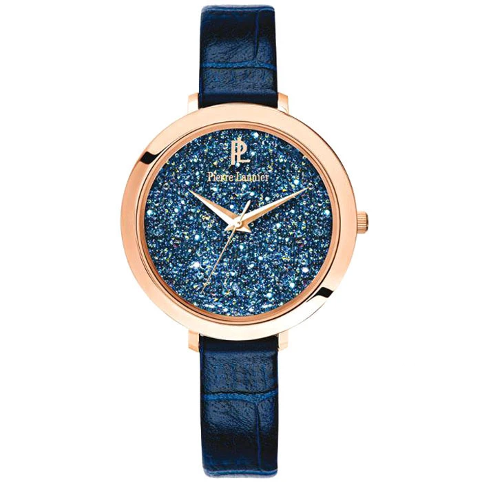 Дамски ръчен часовник с кварцов механизъм - корпус от Стомана - Естествена кожа - цвят Син Син