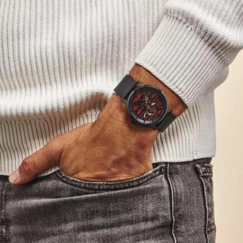 Мъжки ръчен часовник с автоматичен механизъм - корпус от Стомана - Меш - цвят Скелетон Черен