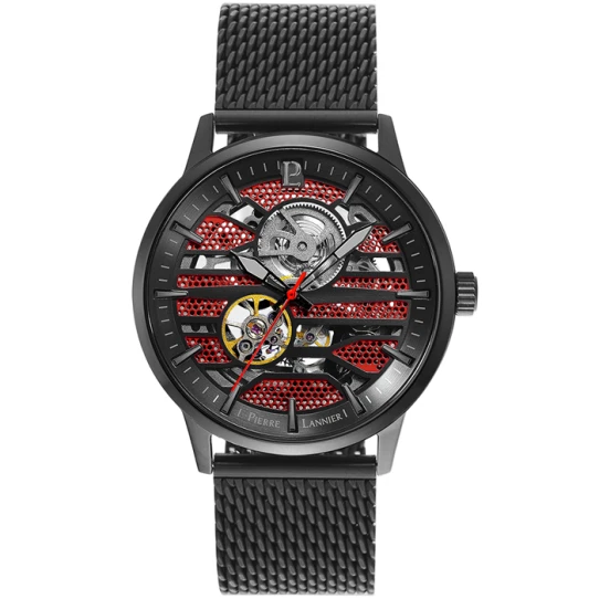 Мъжки ръчен часовник с автоматичен механизъм - корпус от Стомана - Меш - цвят Скелетон Черен