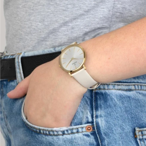 Дамски ръчен часовник с кварцов механизъм - корпус от Стомана - Естествена кожа - цвят Бял Бял