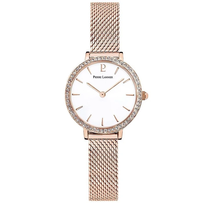 Дамски ръчен часовник с кварцов механизъм - корпус от Стомана - Меш - цвят Бял Розово Злато