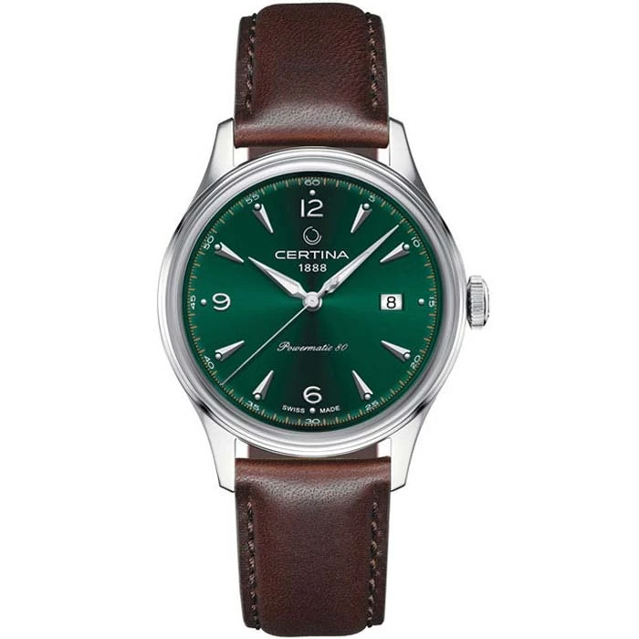 Мъжки ръчен часовник с автоматичен механизъм - корпус от Стомана - Естествена кожа - цвят Зелен Кафяв