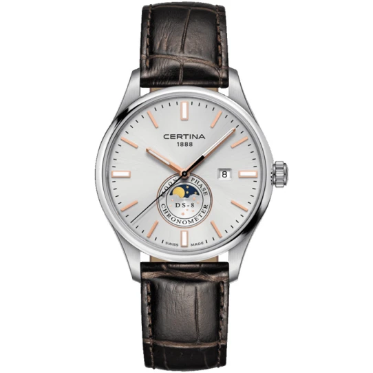 Мъжки ръчен часовник с кварцов механизъм - корпус от Стомана - Естествена кожа - цвят Сребрист Кафяв