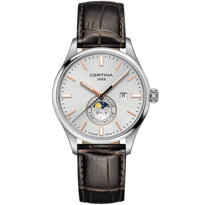 Мъжки ръчен часовник с кварцов механизъм - корпус от Стомана - Естествена кожа - цвят Сребрист Кафяв