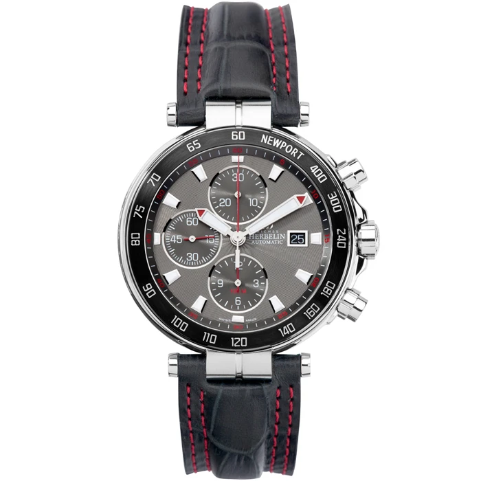 Мъжки ръчен часовник с автоматичен механизъм - корпус от Стомана - Естествена кожа - цвят Сив Червен