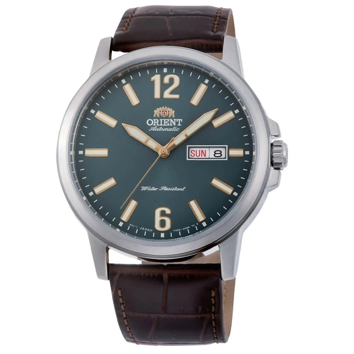 Мъжки ръчен часовник с автоматичен механизъм - корпус от Стомана - Естествена кожа - цвят Зелен Кафяв