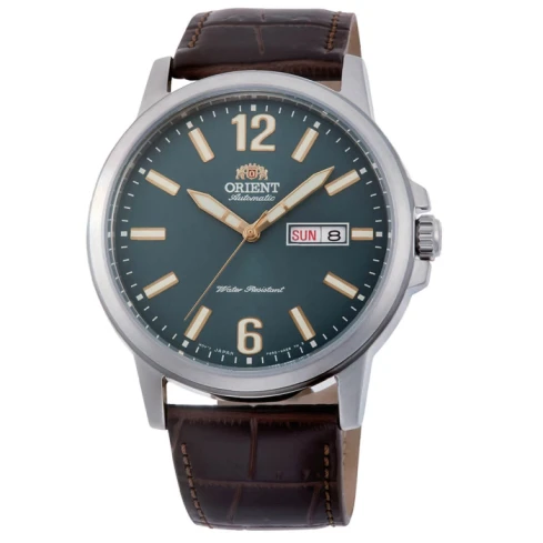 Мъжки ръчен часовник с автоматичен механизъм - корпус от Стомана - Естествена кожа - цвят Зелен Кафяв