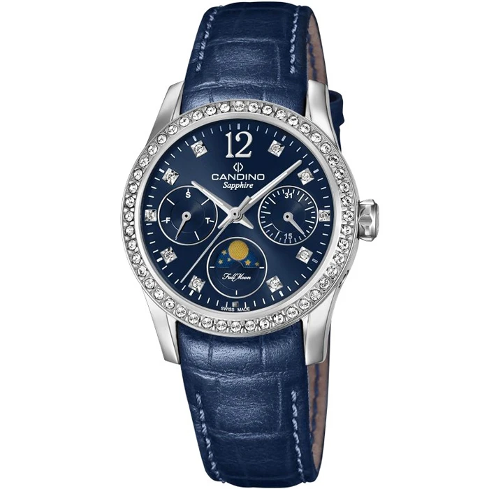 Дамски ръчен часовник с кварцов механизъм - корпус от Стомана - Естествена кожа - цвят Син Син