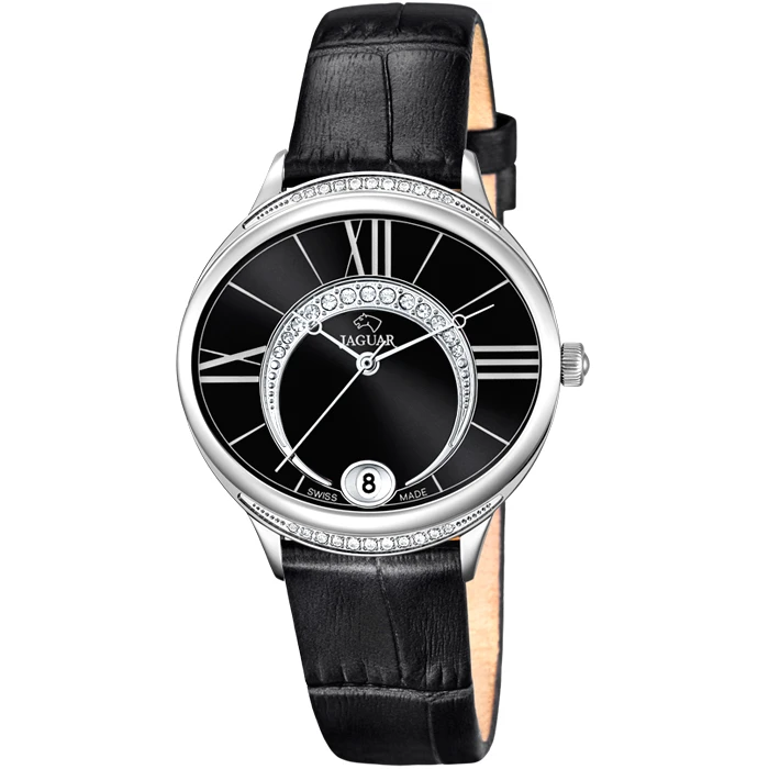 Дамски ръчен часовник с кварцов механизъм - корпус от Стомана - Естествена кожа - цвят Черен Черен