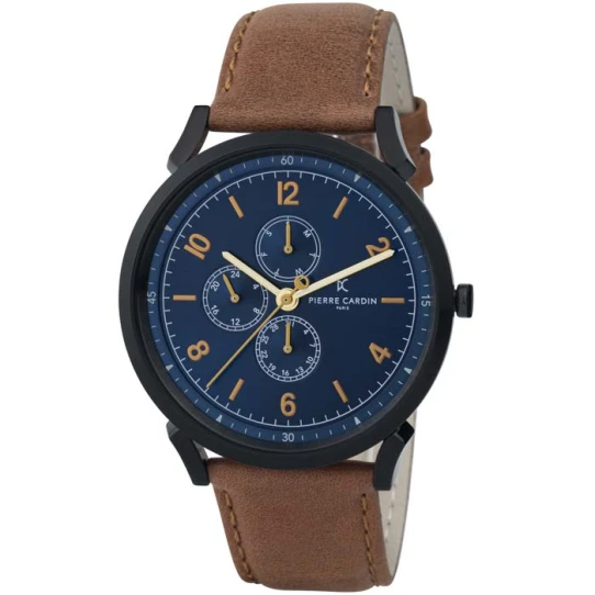 Мъжки ръчен часовник с кварцов механизъм - корпус от Стомана - Естествена кожа - цвят Син Кафяв