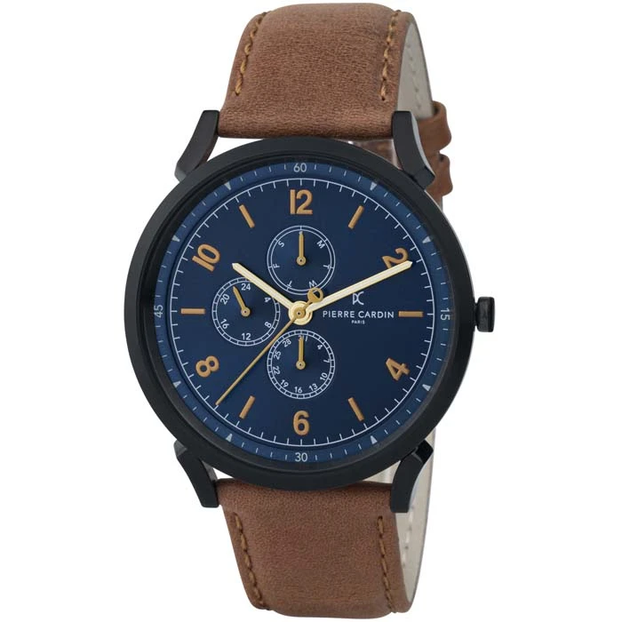 Мъжки ръчен часовник с кварцов механизъм - корпус от Стомана - Естествена кожа - цвят Син Кафяв