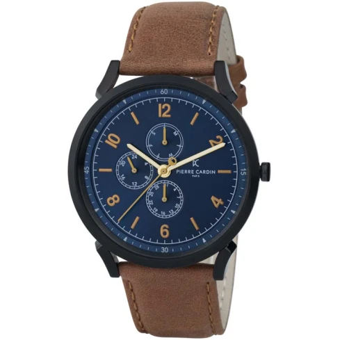 Мъжки ръчен часовник с кварцов механизъм - корпус от Стомана - Естествена кожа - цвят Син Кафяв