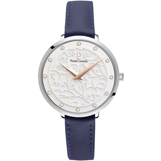 Дамски ръчен часовник с кварцов механизъм - корпус от Стомана - Естествена кожа - цвят Бял Син