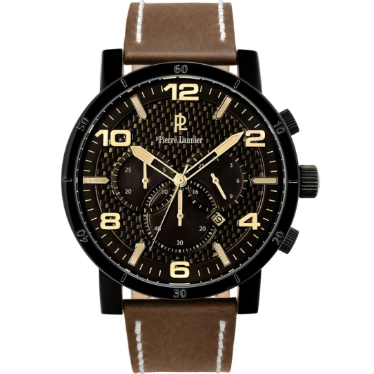 Мъжки ръчен часовник с кварцов механизъм - корпус от Стомана - Естествена кожа - цвят Черен Кафяв