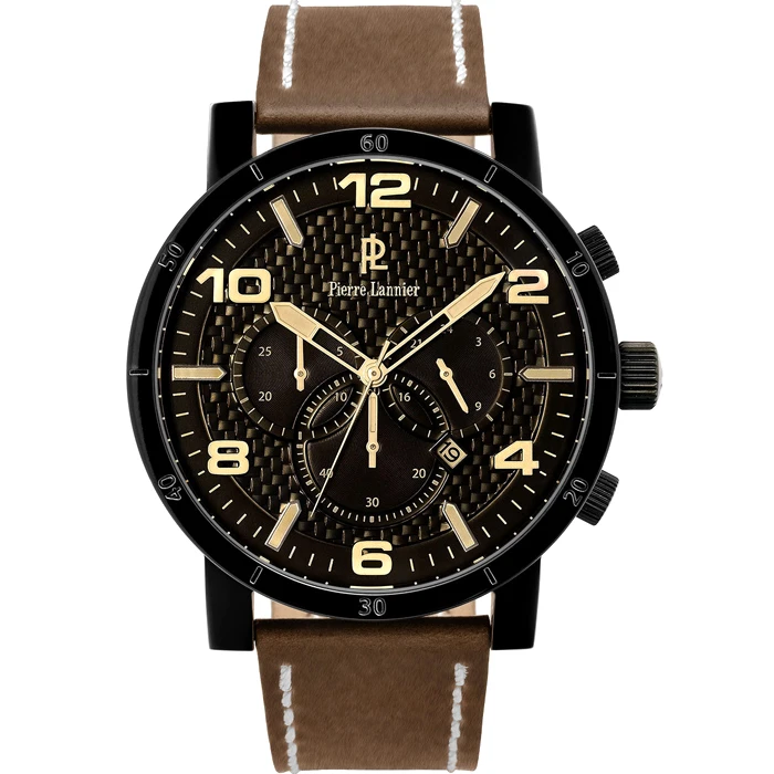 Мъжки ръчен часовник с кварцов механизъм - корпус от Стомана - Естествена кожа - цвят Черен Кафяв