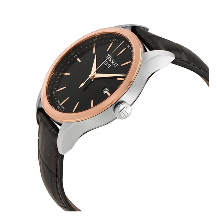 Мъжки ръчен часовник с кварцов механизъм - корпус от Розово злато - Естествена кожа - цвят Черен Черен