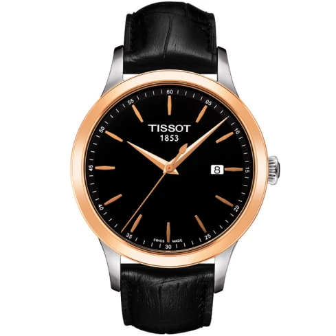 Мъжки ръчен часовник с кварцов механизъм - корпус от Розово злато - Естествена кожа - цвят Черен Черен