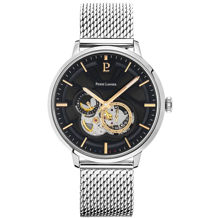 Мъжки ръчен часовник с автоматичен механизъм - корпус от Стомана - Меш - цвят Черен Сив