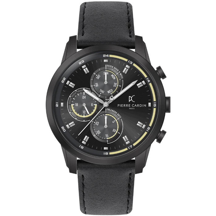 Мъжки ръчен часовник с кварцов механизъм - корпус от Стомана - Естествена кожа - цвят Черен Черен