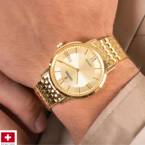 Мъжки ръчен часовник с кварцов механизъм - корпус от Стомана и злато 18К - Стоманена верижка - цвят Злато