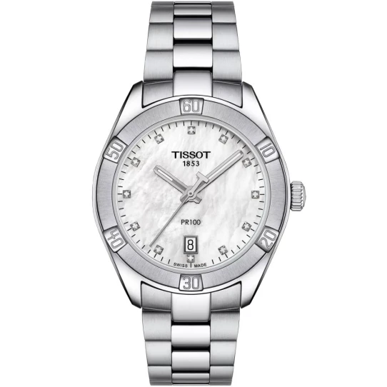 Tissot T101.910.11.116.00 PR100 - Дамски ръчен часовник с кварцов механизъм - корпус от Стомана - Стоманена верижка - цвят Седеф Сив