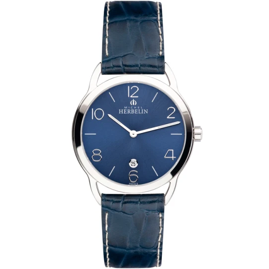 Мъжки ръчен часовник с кварцов механизъм - корпус от Стомана - Естествена кожа - цвят Син Син