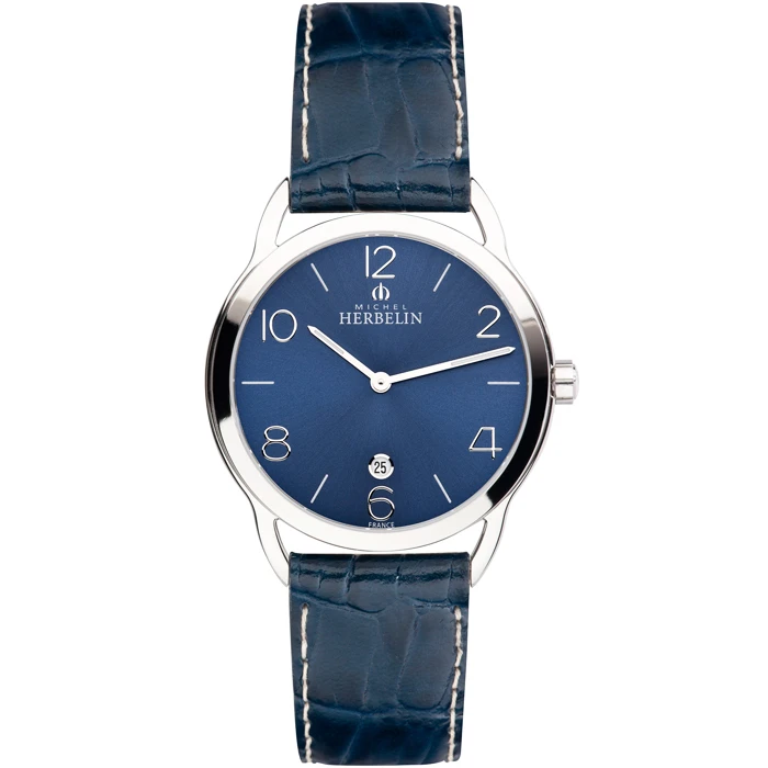 Мъжки ръчен часовник с кварцов механизъм - корпус от Стомана - Естествена кожа - цвят Син Син