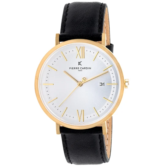 Мъжки ръчен часовник с кварцов механизъм - корпус от Стомана - Естествена кожа - цвят Бял Черен